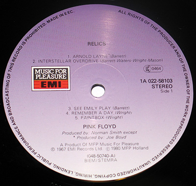 PINK FLOYD - Relics (Europe) record label